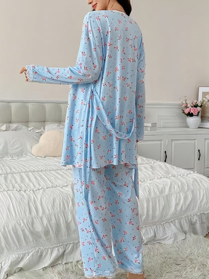 Ensemble Pyjama Maternité 3 Pièces avec Débardeur Dentelle Contrastée, Pantalon et Peignoir pour Femmes Enceintes