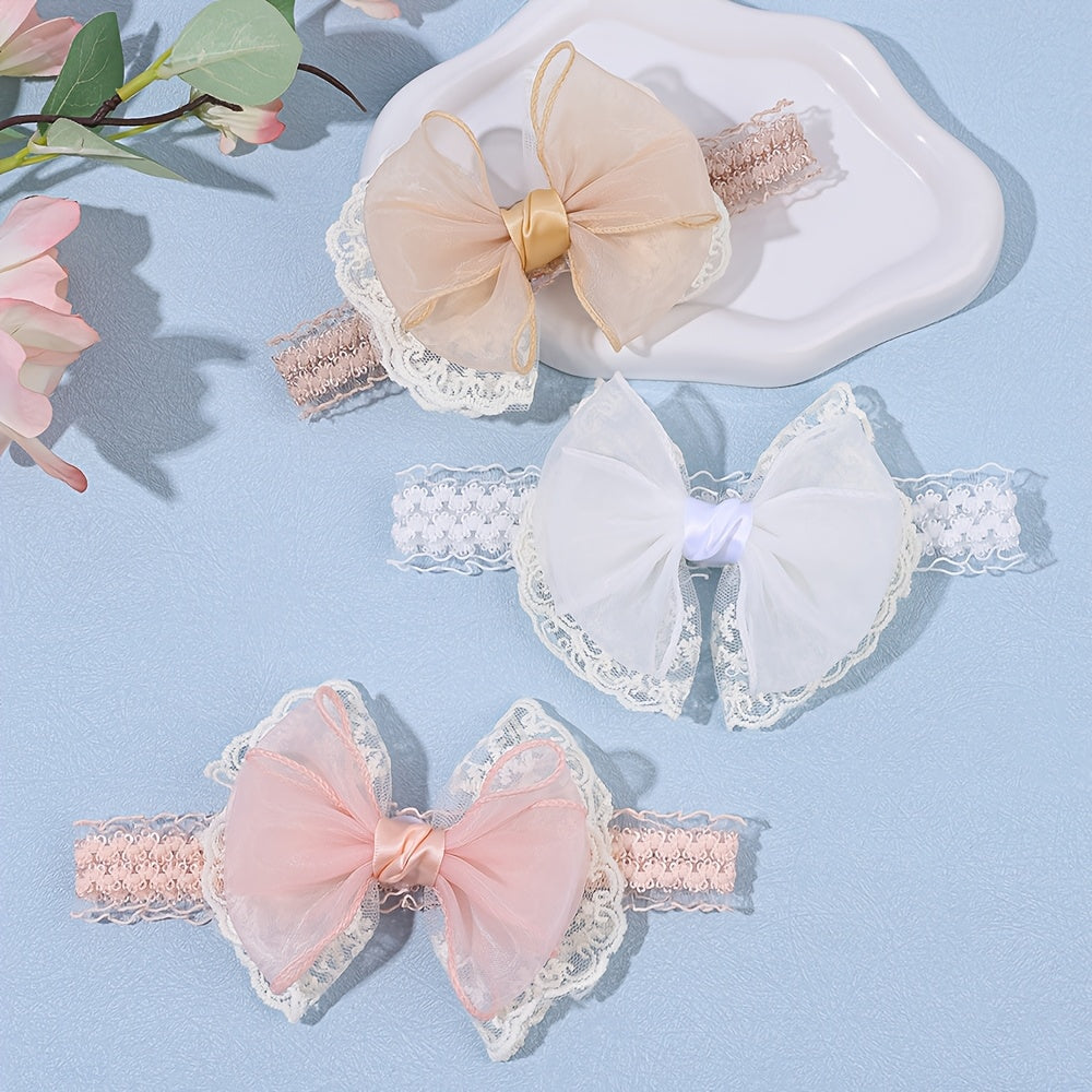 Ensemble de 3 bandeaux à nœud en dentelle douce, bandeaux à cheveux en maille avec bordure en dentelle, bandeau doux en tissu, bande élastique en rose nude et blanc pour fêtes d'anniversaire, sorties décontractées