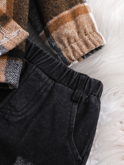 2 pièces Haut à Capuche à Carreaux à Manches Longues pour Garçons + Pantalon en Jean, Ensemble Décontracté Deux Pièces Hoodie à Carreaux et Jeans pour Bébés Garçons, Idéal pour Fêtes, Cadeaux et Sorties Quotidiennes, Parfait pour l'Extérieur