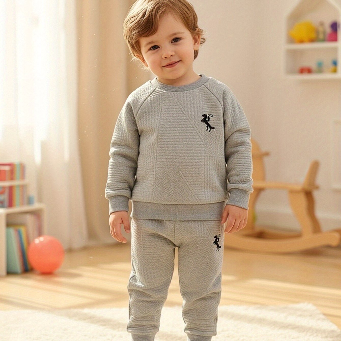 Ensemble deux pièces pour bébé garçon, automne et hiver, mode décontractée et facile, couleur unie, manches longues, pantalon long, motif brodé exquis, pour l'extérieur