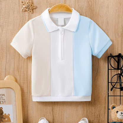 Chemise d'été à manches courtes pour tout-petits, T-shirt à demi-zippeur et à revers en blocs de couleur abricot-bleu-blanc pour bébés garçons, Haut décontracté polyvalent et confortable, Vêtement d'enfant doux, respirant et à la mode pour les sorties quo