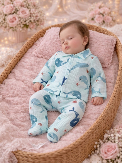 Ensemble de gaze imprimé sur le thème de la vie marine pour bébés et tout-petits, printemps et automne, unisexe, bleu clair, motif animal, manches longues et pantalon à pieds, tenue 2 pièces, cardigan à revers à bouton simple pour nourrissons de 1 à 9 moi