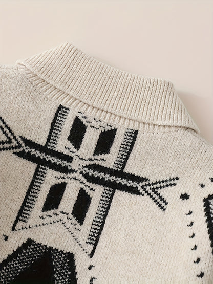 Pull à col montant pour garçons, style rétro décontracté, motif géométrique, épais, d'automne et d'hiver, vêtement d'extérieur