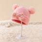 Chapeau tricoté automne-hiver avec double pompon et grand nœud mignon, cadeau de Nouvel An