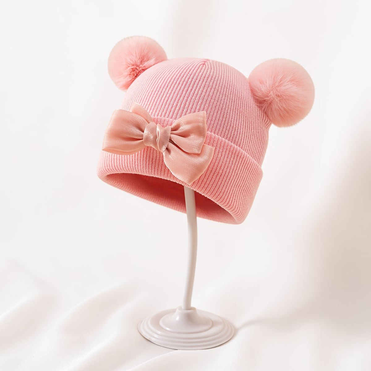 Bonnet bébé rose Le Cocon d'Or en acrylique avec nœud élégant et deux pompons, style automne hiver
