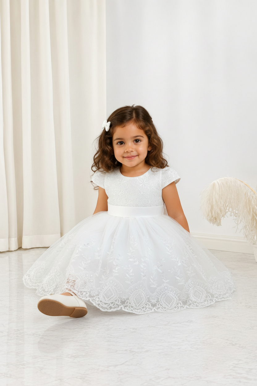 Petite fille portant la robe Sweet Daisy de Le Cocon d'Or, une robe blanche élégante en dentelle pour cérémonie