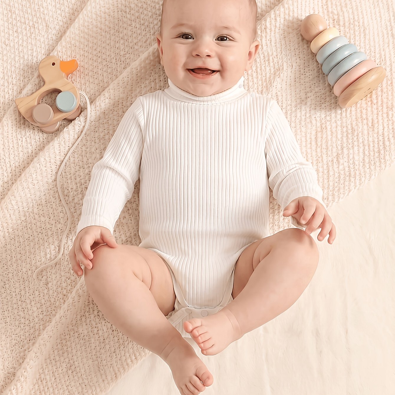 Minieggs Barboteuse à col roulé côtelé pour bébé fille, combinaison thermique unie à manches longues et coupe ajustée pour un usage quotidien, parfaite pour l'extérieur