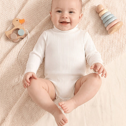 Minieggs Barboteuse à col roulé côtelé pour bébé fille, combinaison thermique unie à manches longues et coupe ajustée pour un usage quotidien, parfaite pour l'extérieur
