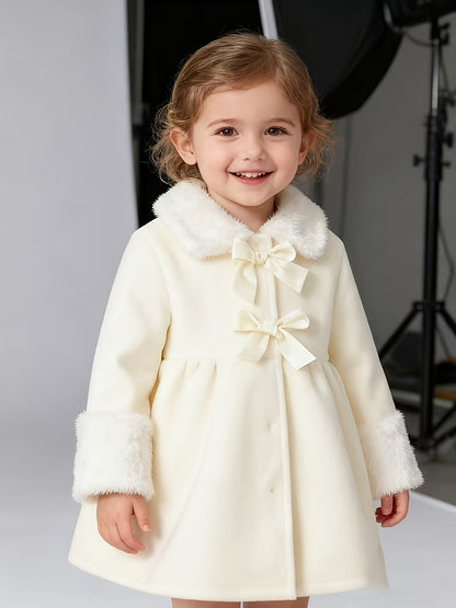 Cardigan-veste beige en peluche pour fille, automne/hiver, à devant ouvert avec grand nœud sur le devant, col et poignets en peluche blanche, ourlet de jupe trapèze, chaud et confortable, convient pour les fêtes/tenue décontractée, plein de charme de prin