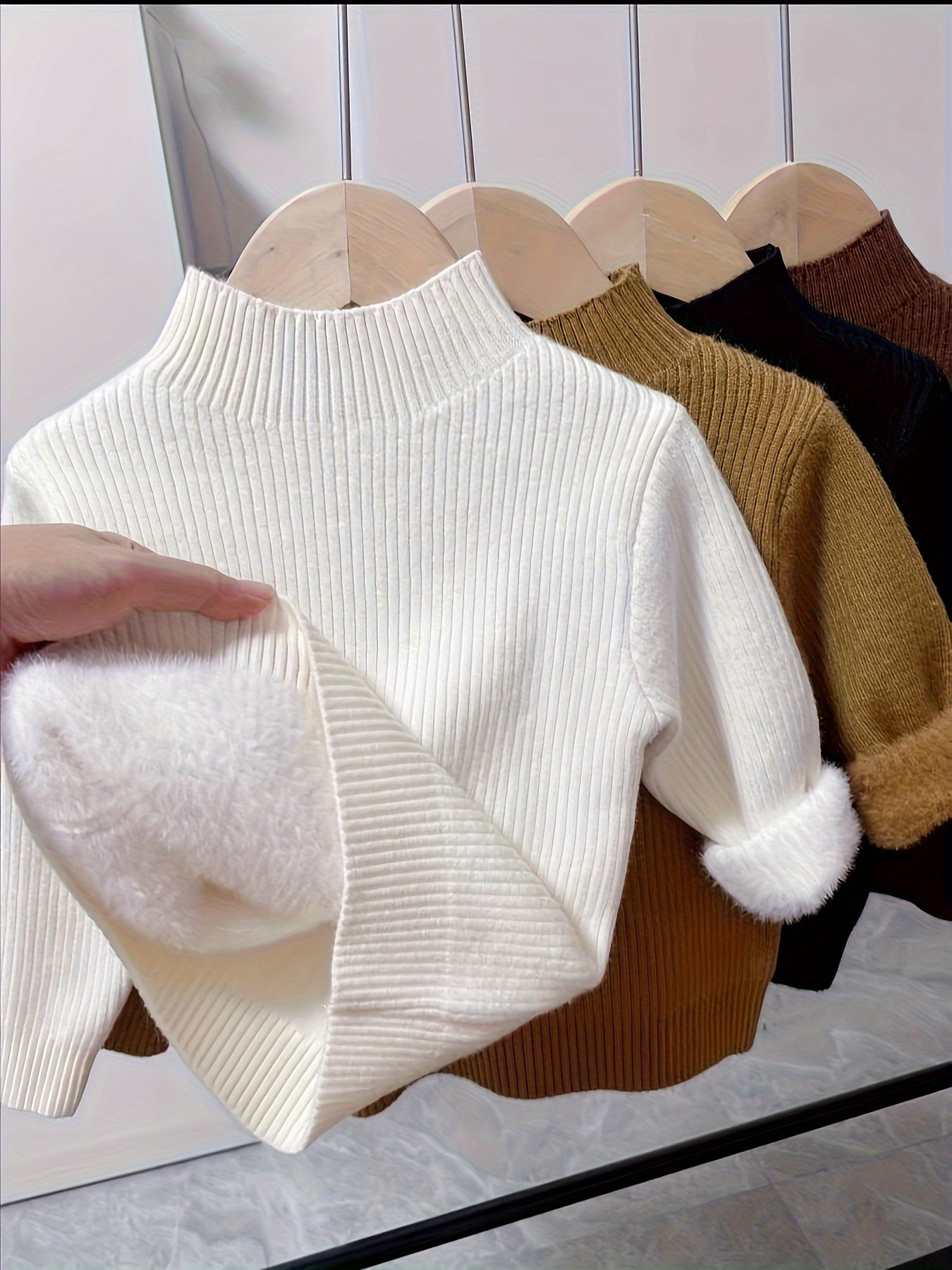 Pull Tricoté, Pull de Base pour Bébé, Plus en Velours et Épaissi, Vêtement Thermique Tricoté, Col Tricoté, Haut à Col Rond