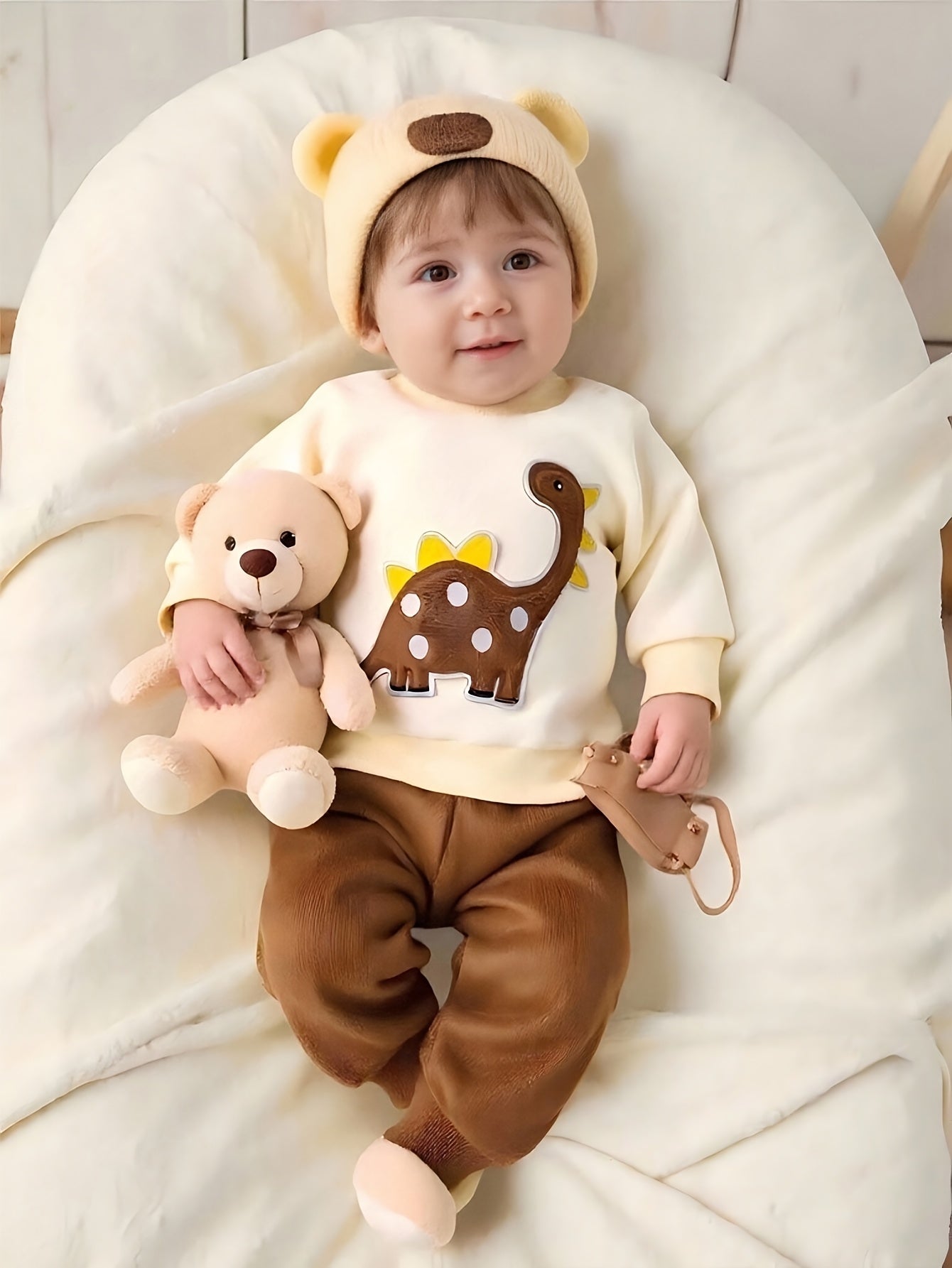 Ensemble deux pièces pour bébé garçon : Haut d'hiver en polaire à col rond et manches longues avec motif dinosaure mignon + Pantalon long décontracté à taille élastique, idéal pour les sorties en extérieur