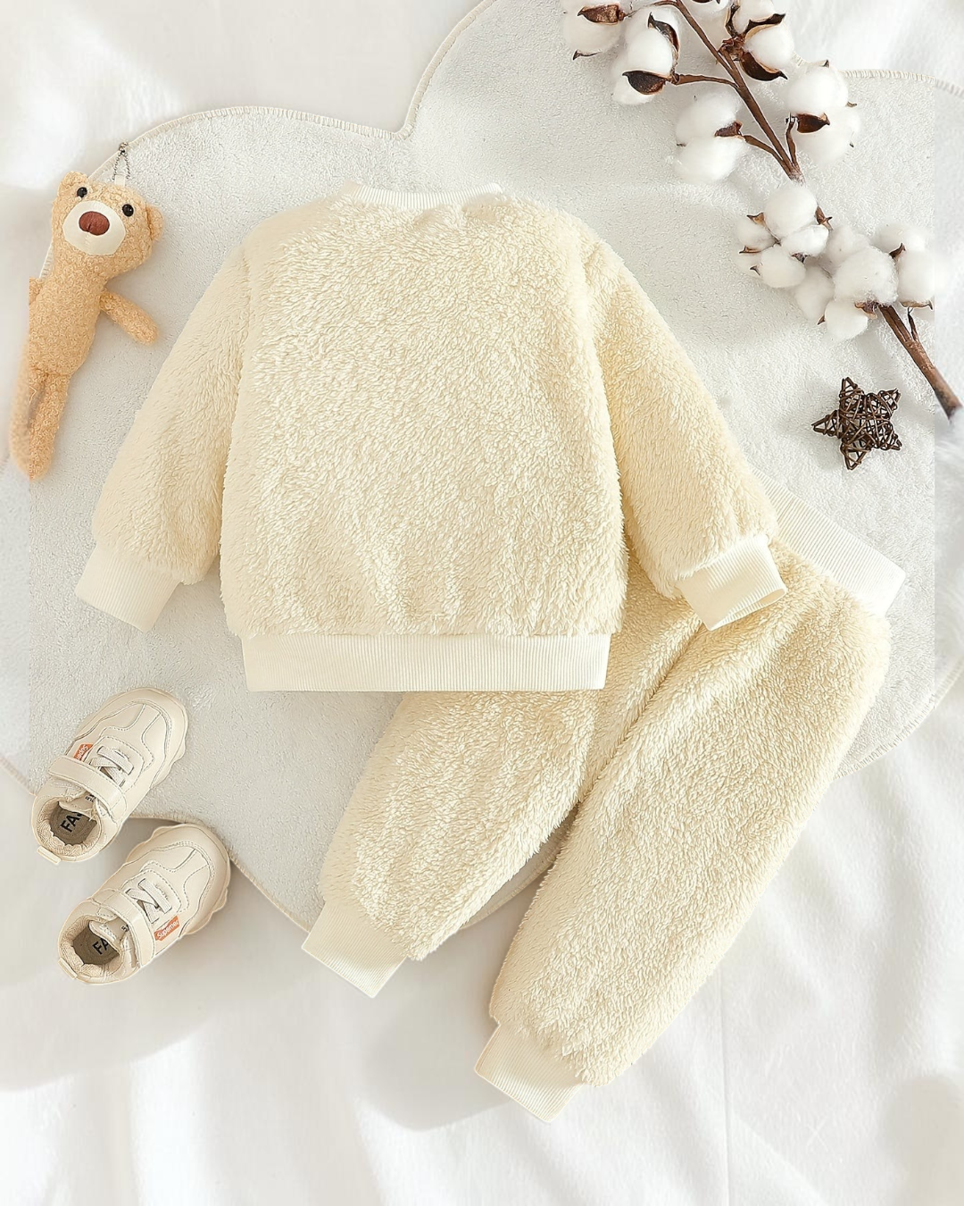 Ensemble pyjama en peluche beige Le Cocon d'Or pour bébé avec haut et pantalon en polyester doux effet mouton