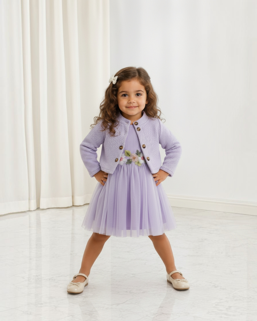 Petite fille portant un ensemble Le Cocon d'Or composé d'une robe lilas en tulle brodé et d'une veste assortie
