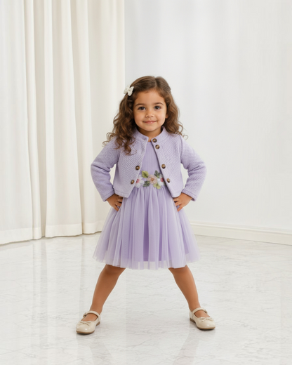Petite fille portant un ensemble Le Cocon d'Or composé d'une robe lilas en tulle brodé et d'une veste assortie