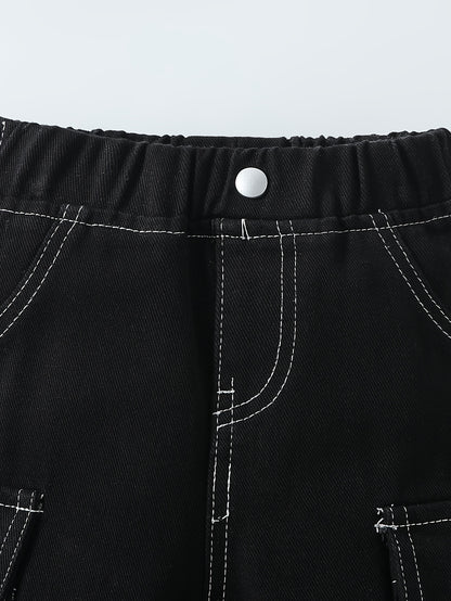 Pantalon en jean pour garçons avec poche double face, coupe droite et ample, effet lavé pour un look décontracté et stylé