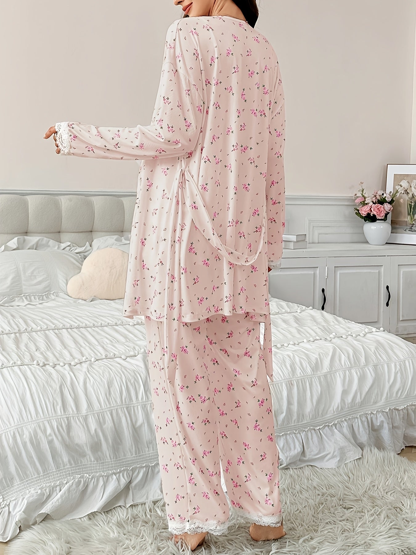 Ensemble Pyjama Maternité 3 Pièces avec Débardeur Dentelle Contrastée, Pantalon et Peignoir pour Femmes Enceintes