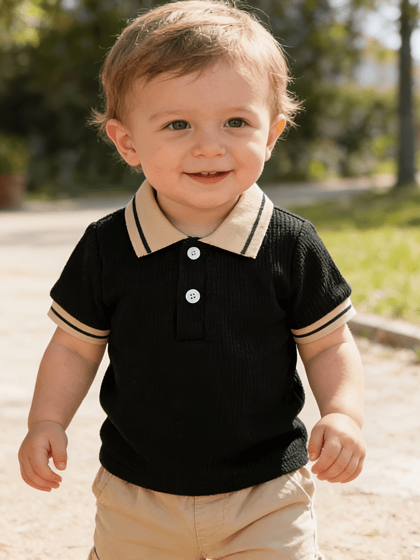 T-shirt polo bébé garçon tendance décontracté, polyvalent, col gaufré classique boutonné, semi-ouvert