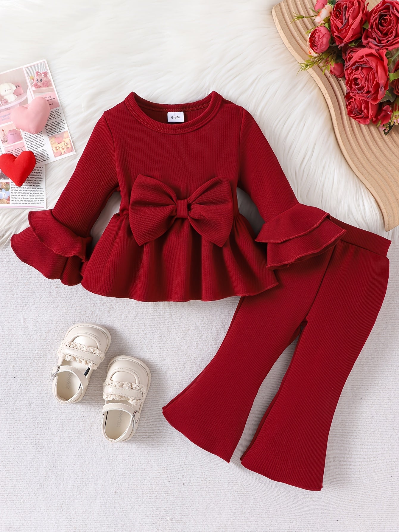 Ensemble élégant et mignon pour bébés et petites filles, comprenant un haut à manches longues et un pantalon long de couleur unie, style fin pour le printemps et l'automne, idéal pour l'extérieur.