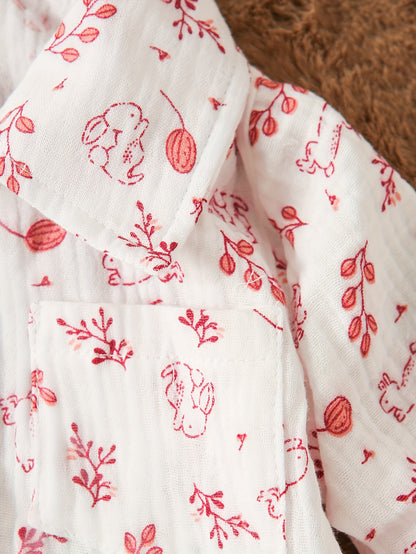 Ensemble 2 pièces pour bébé en crêpe double épaisseur, comprenant un haut à manches longues avec col et imprimé mignon de dessin animé/fruits, et un pantalon long, doux pour la peau et respirant, idéal pour l'extérieur