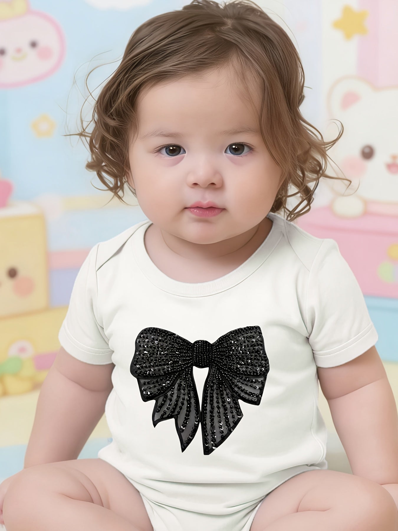 1 pièce Grenouillère bébé "Nœud à paillettes glamour", Barboteuse en coton, Combinaison bébé douillette, Coton respirant, Fermeture à boutons-pression, Vêtement essentiel pour nouveaux parents, Idéal comme cadeau d'anniversaire en plein air, Parfait pour