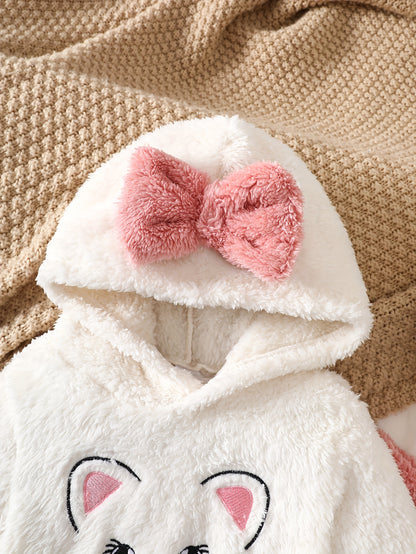 Ensemble 2 pièces tendance automne-hiver pour bébé fille : haut en peluche à capuche brodé avec motif chat et nœud 3D, et pantalon long contrasté, idéal pour les activités de plein air, le quotidien, cadeau parfait pour les nouveau-nées.