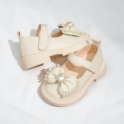 Chaussures de princesse Le Cocon d'Or pour fille en cuir PU beige avec perles, nœud et bride à scratch