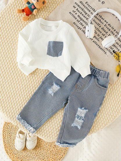 2 pièces Ensemble Denim Fille avec Haut Orné, Tissu à Poches Denim, Jeans Déchirés, Style Décontracté pour Tenue Casual, Idéal pour l'Extérieur