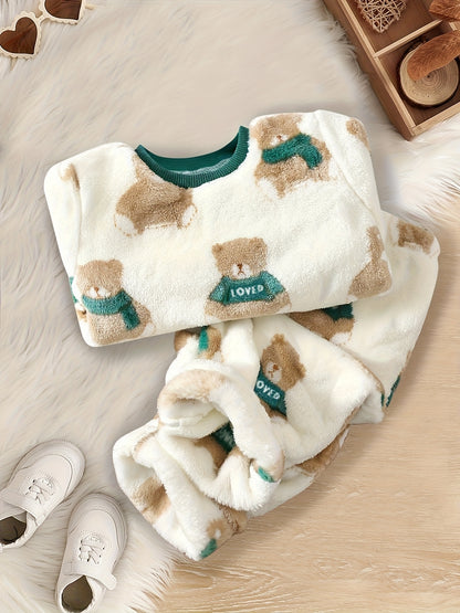 Ensemble 2 pièces : Haut sweatshirt douillet à motif ours pour bébé garçon et tout-petit + Pantalon chaud à taille élastique, Tenue automne/hiver, Pull décontracté sportif pour bébé garçon avec pantalon long chaud, Vêtements d'hiver, Vêtements pour enfant