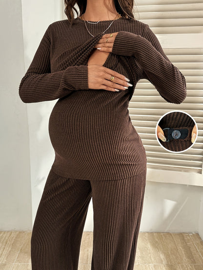 Ensemble 2 pièces de maternité pour l'allaitement, tenue de grossesse style printemps/automne, combinaison marron et pantalon long – Doux, confortable et décontracté