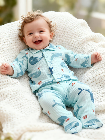Ensemble de gaze imprimé sur le thème de la vie marine pour bébés et tout-petits, printemps et automne, unisexe, bleu clair, motif animal, manches longues et pantalon à pieds, tenue 2 pièces, cardigan à revers à bouton simple pour nourrissons de 1 à 9 moi