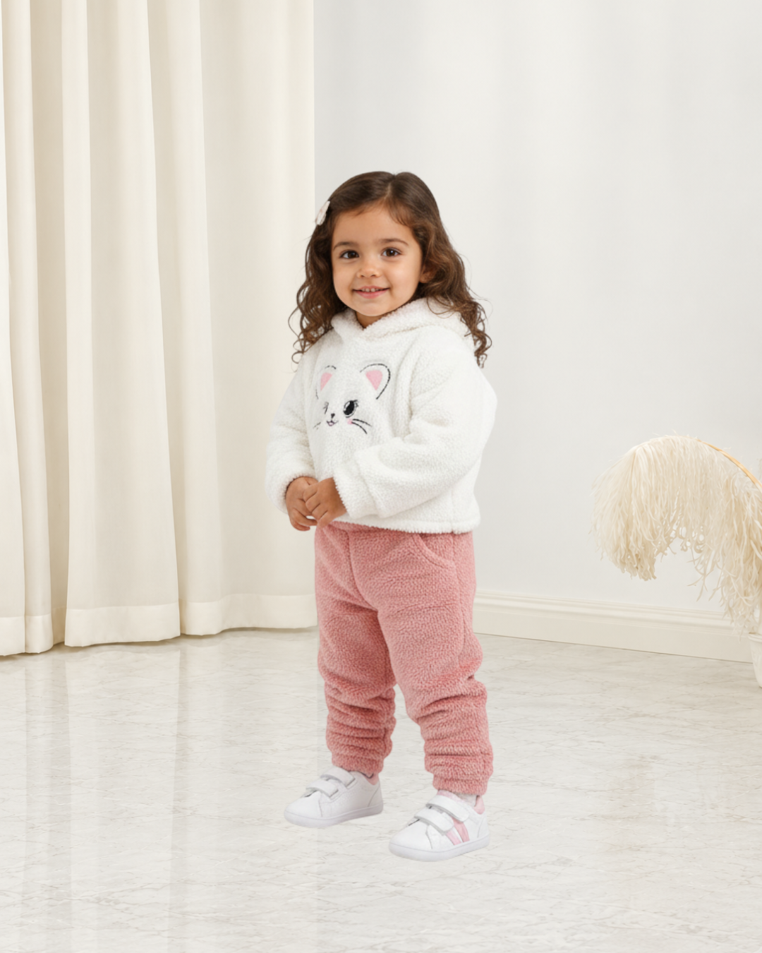 Petite fille portant un pyjama Le Cocon d'Or en polyester blanc et rose avec un motif de chat sur le haut à capuche