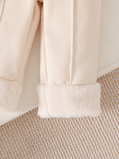 Ensemble pantalon pour fille style mignon automne/hiver, haut à revers en peluche avec patte de boutonnage, nœuds double face, mignon et chaud, pour sorties quotidiennes, séances photo, voyages, rentrée scolaire, cadeaux d'anniversaire, Halloween, parfait