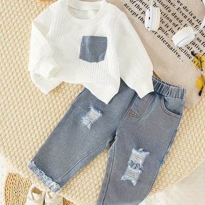 2 pièces Ensemble Denim Fille avec Haut Orné, Tissu à Poches Denim, Jeans Déchirés, Style Décontracté pour Tenue Casual, Idéal pour l'Extérieur
