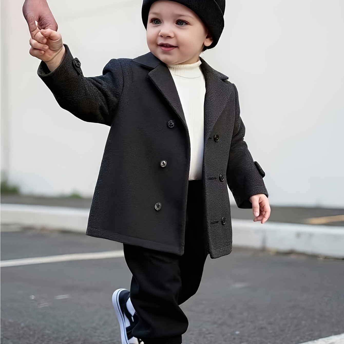Manteau d'automne/hiver élégant en tweed à double boutonnage et revers en dents-de-cheval à coupe ample pour garçon, vêtement d'extérieur chaud et polyvalent pour le premier anniversaire de bébé