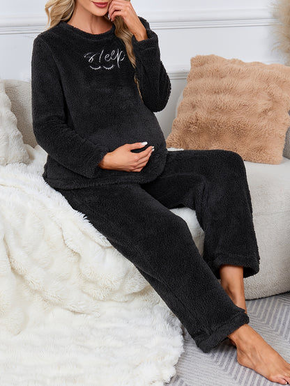Ensemble de détente en peluche deux pièces pour femmes enceintes, comprenant un haut à manches longues de couleur unie et un pantalon avec broderie 'Sleep'