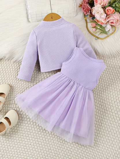 Ensemble décontracté pour fille comprenant une robe à fleurs brodée, une veste et une jupe, idéal pour l'extérieur