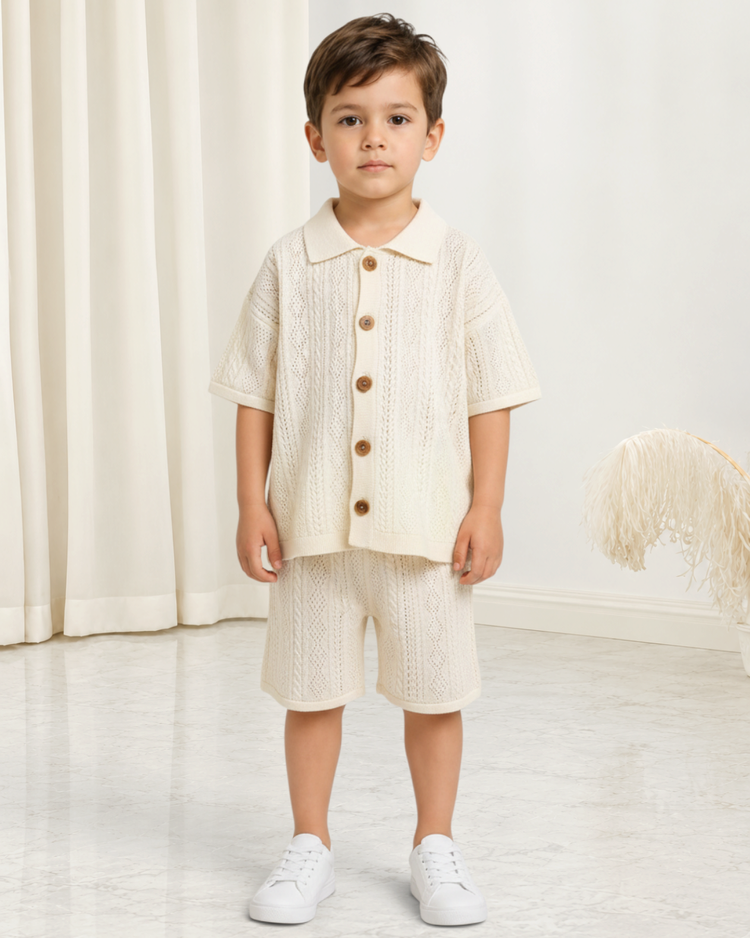 Ensemble d'été Le Cocon d'Or pour bébé garçon, t-shirt boutonné et short en maille texturée beige, style décontracté.