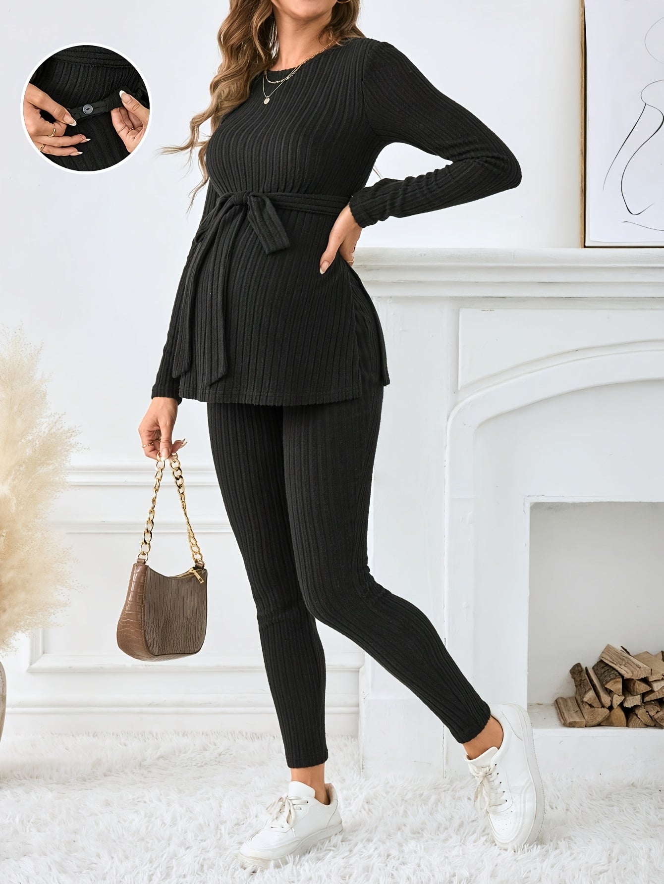 Ensemble T-Shirt à Manches Longues et Pantalon Côtelé avec Fente pour Femmes Enceintes, Couleur Unie