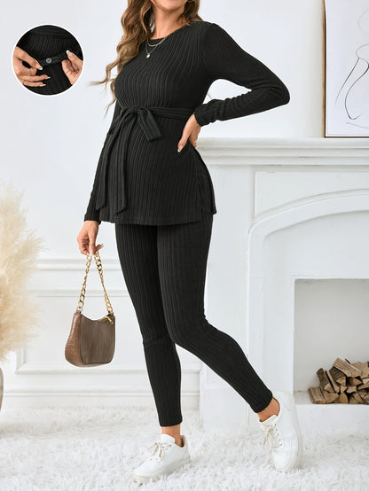 Ensemble T-Shirt à Manches Longues et Pantalon Côtelé avec Fente pour Femmes Enceintes, Couleur Unie