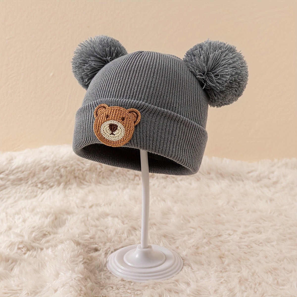 Bonnet d'automne et d'hiver en tricot pour l'extérieur, petit ours à tête ronde et grande tête à double ligne