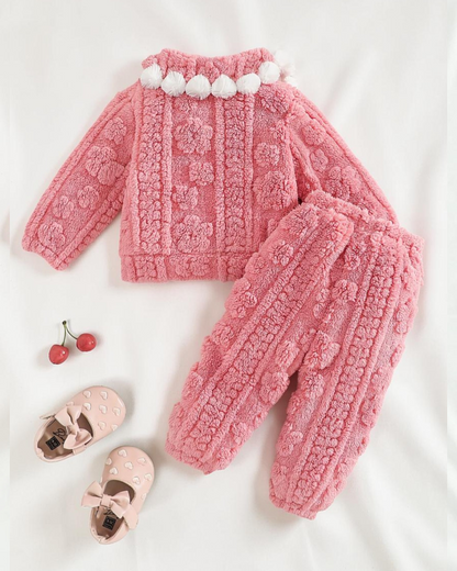 Ensemble pyjama rose en polyester texturé pour bébé Le Cocon d'Or avec col à pompons blancs