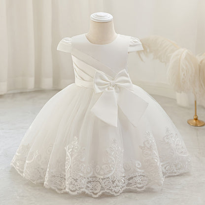 Nouvelle robe de 1er anniversaire avec nœud, jupe de princesse florale, tutu en tulle et maille pour enfants, robe de scène de piano pour filles, robe de princesse en maille brodée 3D