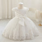 Nouvelle robe de 1er anniversaire avec nœud, jupe de princesse florale, tutu en tulle et maille pour enfants, robe de scène de piano pour filles, robe de princesse en maille brodée 3D