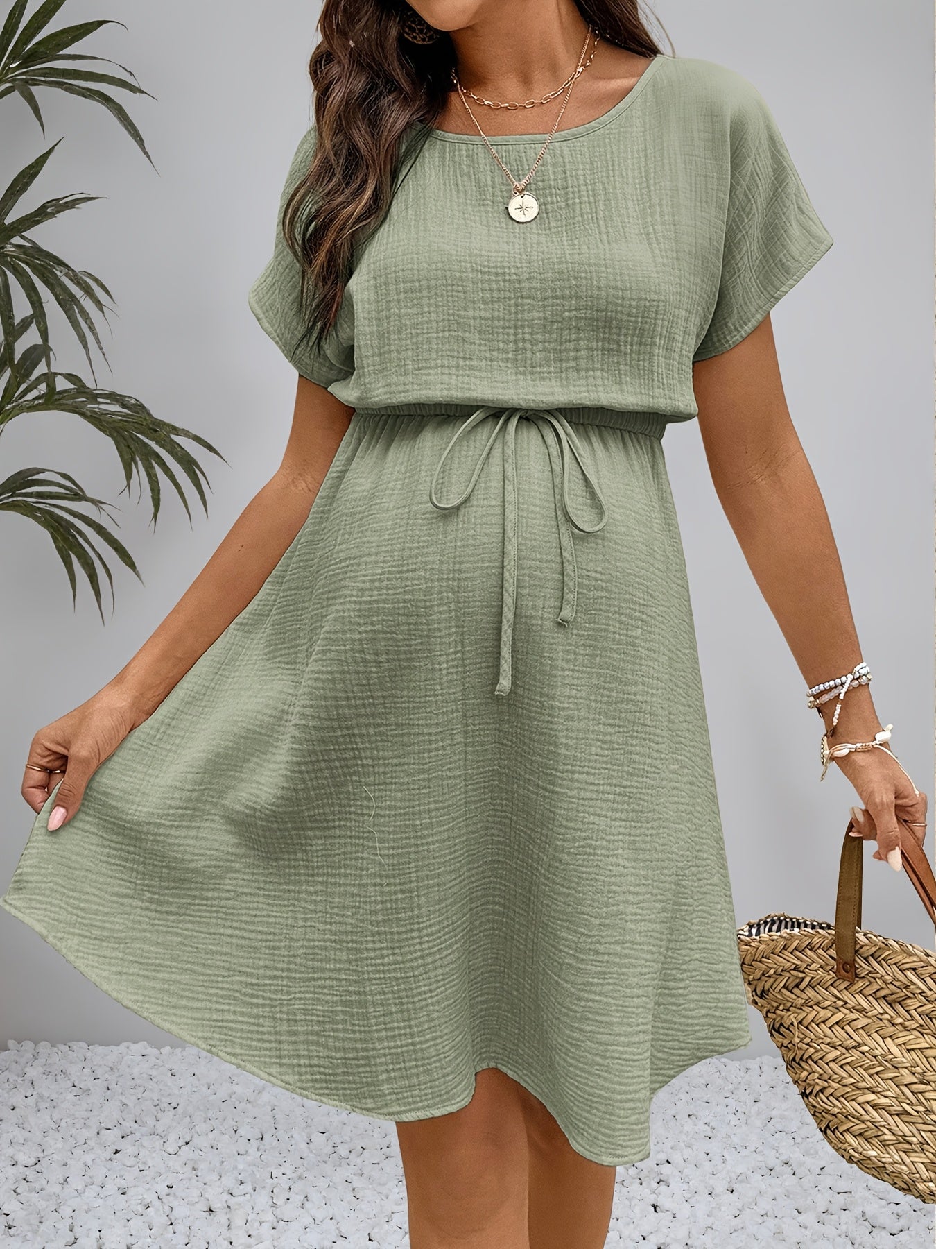 Robe de maternité d'été, robe trapèze unie texturée avec cordon de serrage à la taille, amincissante et non restrictive pour le ventre