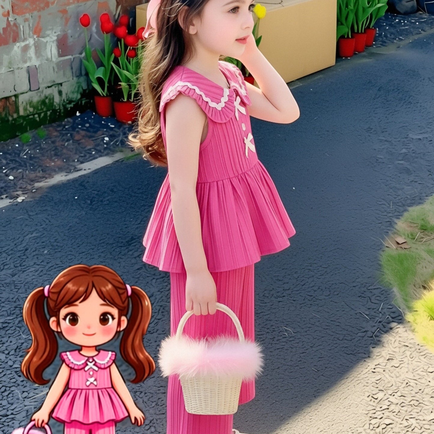 Ensemble 2 pièces pour petites filles, haut sans manches à col Peter Pan avec volants + pantalon large à texture, tenue décontractée d'été, ensemble de pantalons longs à la mode et ludiques pour filles, convient pour les sorties, les séances photo et les