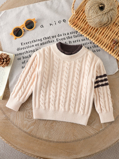 Pull rayé pour garçons - Texture torsadée douce, manches longues, col rond, ensemble chaud pour hiver, printemps et automne, tricot extensible décontracté pour superposition (sans ceinture)