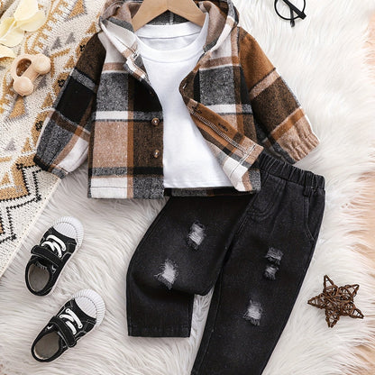 2 pièces Haut à Capuche à Carreaux à Manches Longues pour Garçons + Pantalon en Jean, Ensemble Décontracté Deux Pièces Hoodie à Carreaux et Jeans pour Bébés Garçons, Idéal pour Fêtes, Cadeaux et Sorties Quotidiennes, Parfait pour l'Extérieur