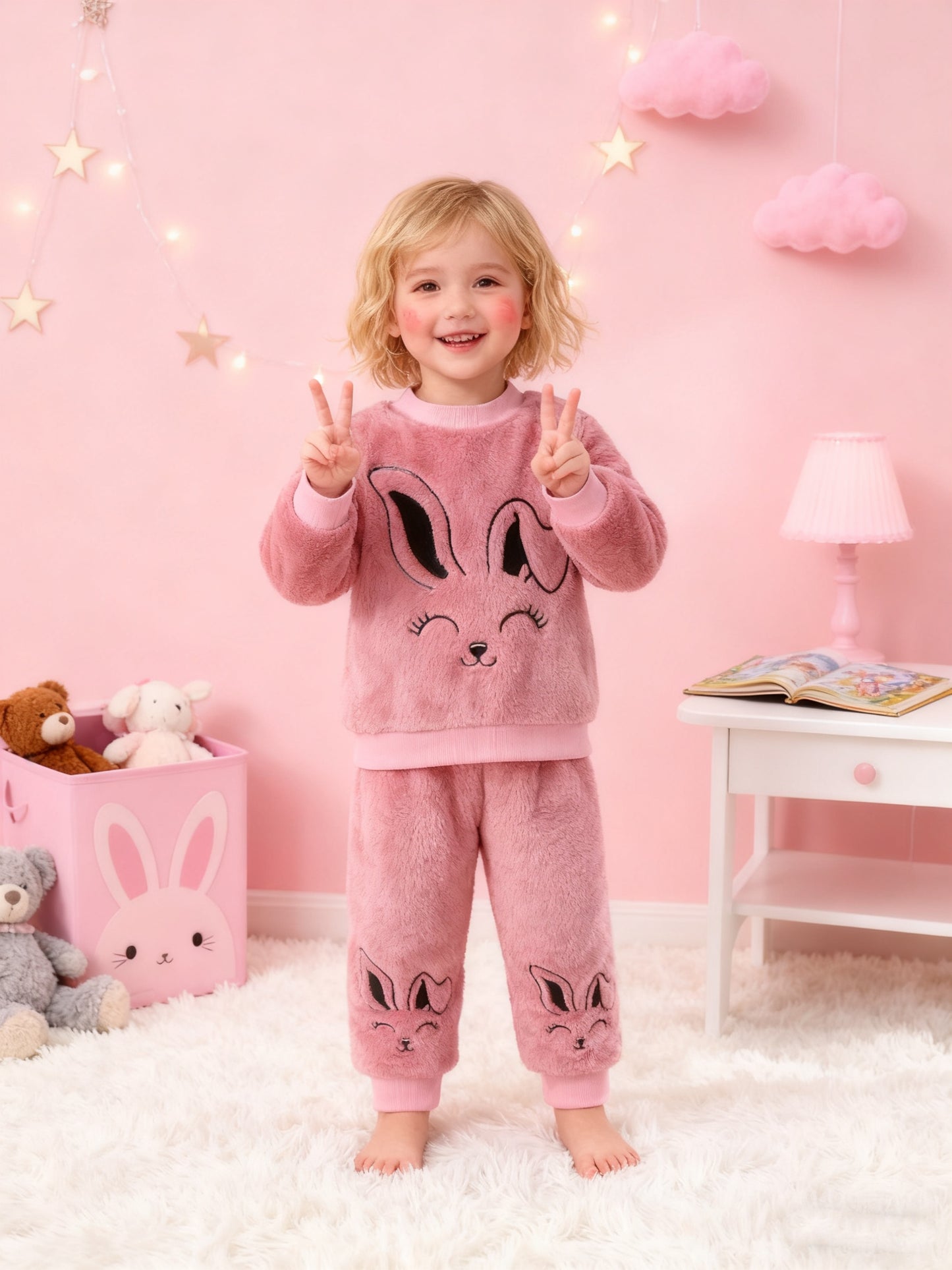 Ensemble 2 pièces Tendance Décontracté Hiver Motif Lapin en Peluche, Tenue d'Hiver Confortable et Chaude pour Filles avec Manchons Côtelés Doux et Col Rond en Polaire, Pantalon d'Hiver Côtelé avec Taille Élastique et Motif Lapin, Vêtements d'Hiver Décontr