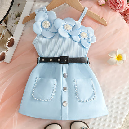 Vêtement pour Fille, Taille 6-24 Mois (4 Ans), Haut Côtelé à Une Épaule et Bretelles Spaghetti avec Grande Fleur 3D sur la Bretelle + Décoration Centrale en Perle, Jupe Courte Ligne A avec Poches et Ourlet à Bordure de Perles, Décoration de Faux Boutons s