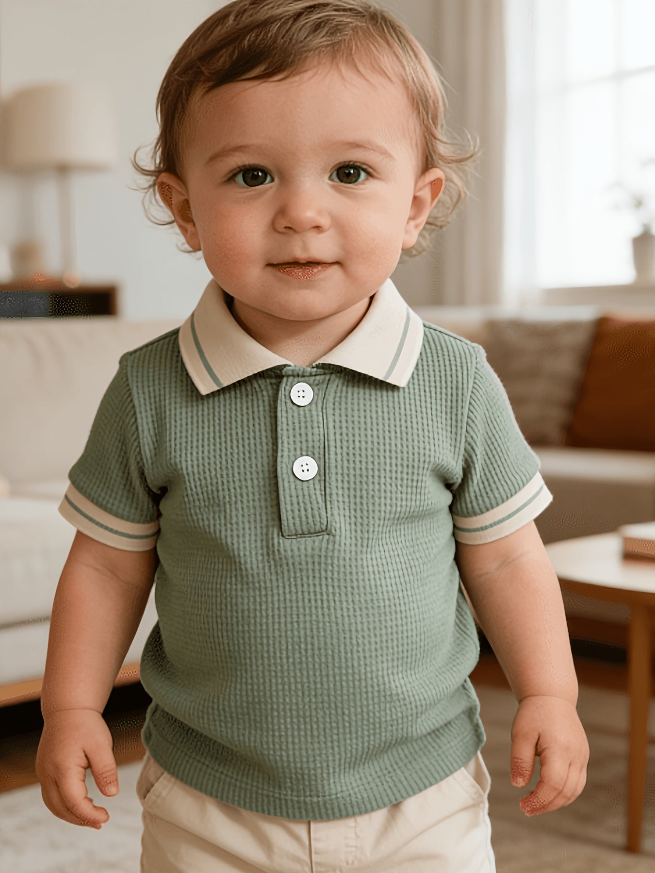 T-shirt polo bébé garçon tendance décontracté, polyvalent, col gaufré classique boutonné, semi-ouvert